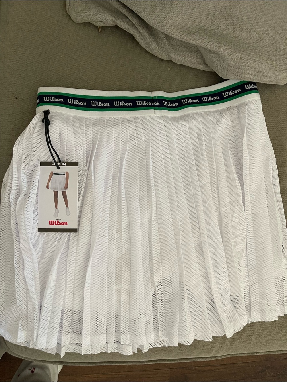 Wilson White Pleated Mesh Skater Skirt with Green-Trimmed Branded Waistband